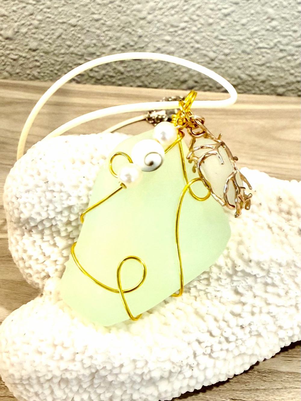 33. Mint green Sea Glass Pendant Necklace with a sea marble and shiva shell